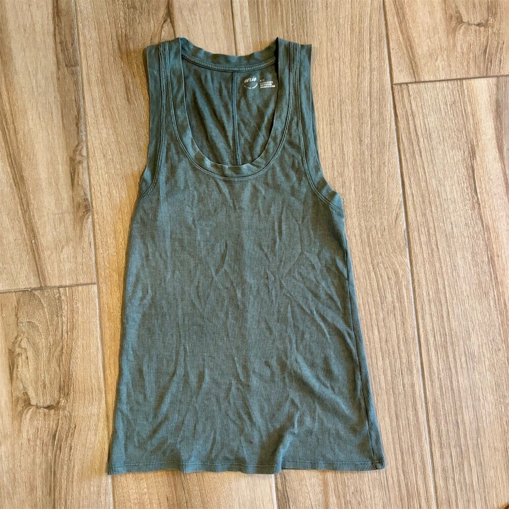 Aerie Tank Top Womens M Dark Green Ribbed Scoop Neck Sleeveless Stretch